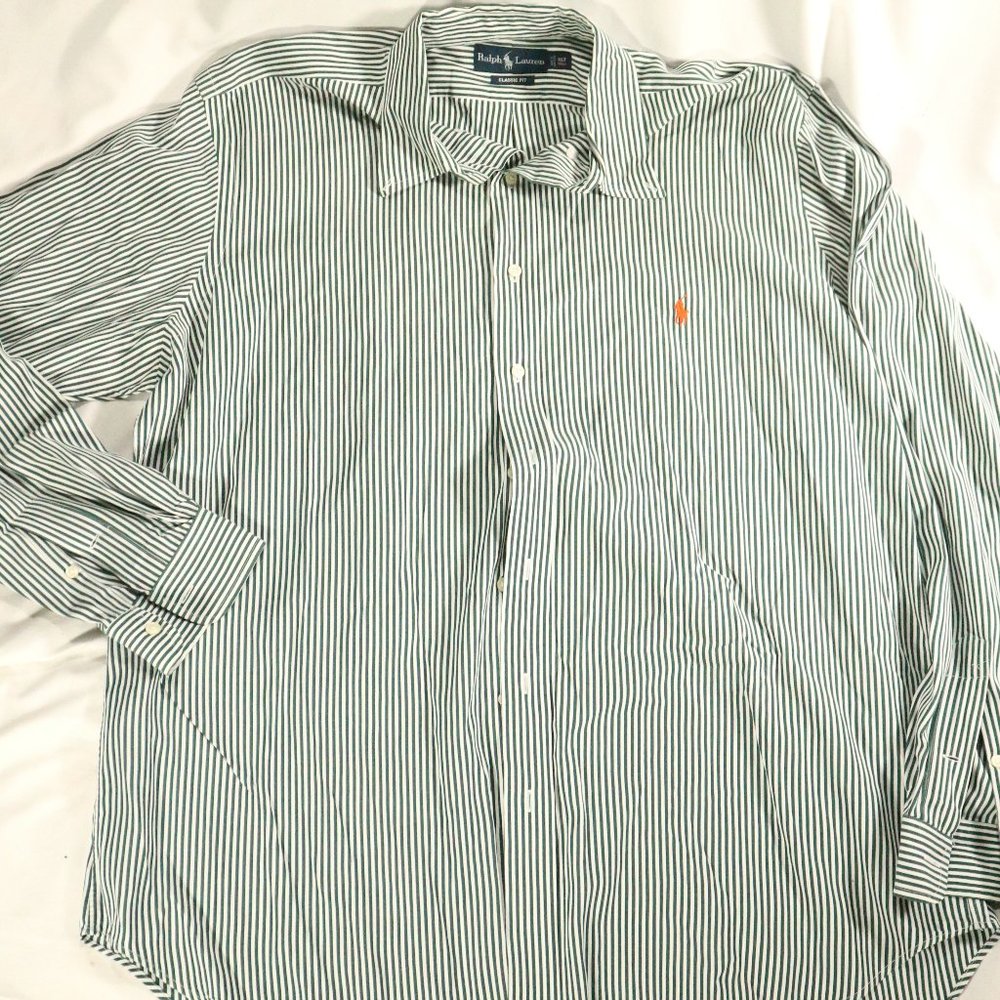 VTG RALPH LAUREN Green/White Striped L/S Shirt Sz XLT Tall